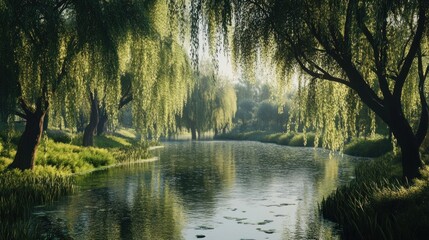 Obraz premium Lush Weeping Willows Reflecting in Calm River Waters on a Serene Day