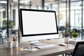 Fototapeta premium Blank computer screen on modern office desk.