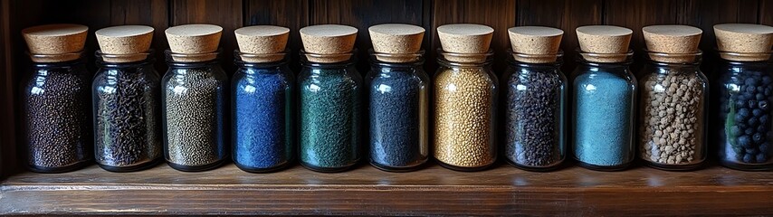 A series of glass jars containing colorful and unique contents