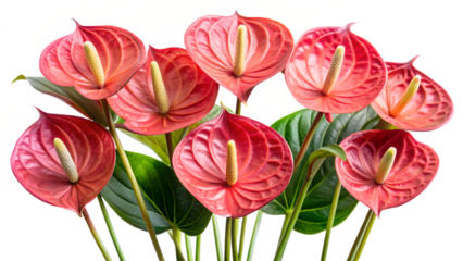Stunning Bouquet of Seven Red Anthurium Flowers with Lush Green Leaves isolated on white or transparent background