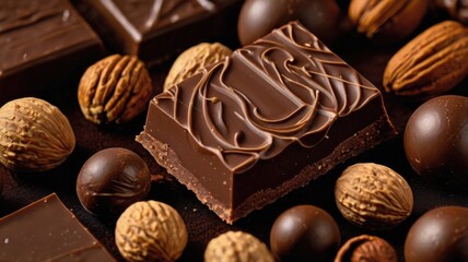 A delightful assortment of dark and milk chocolate confections arranged beautifully with golden accents featuring different shapes and textures, perfect for a festive celebration