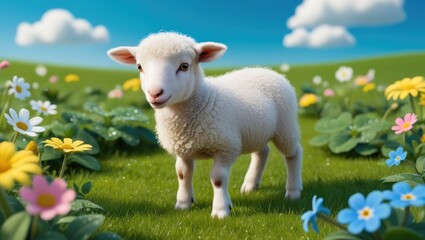 Obraz premium A playful lamb exploring a vibrant flower-filled meadow during a sunny spring afternoon