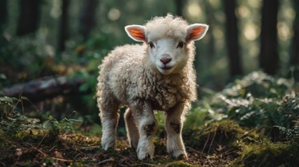 A curious lamb stands alone in a serene forest glade surrounded by lush greenery and dappled sunlight