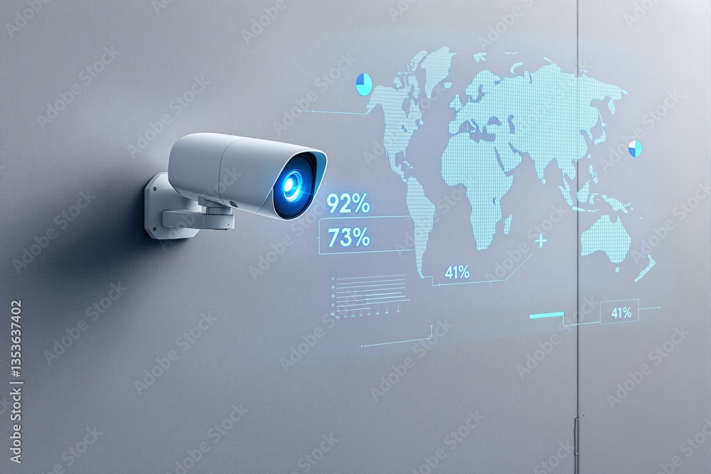 Poster futuristic surveillance camera with digital data projection on wall.