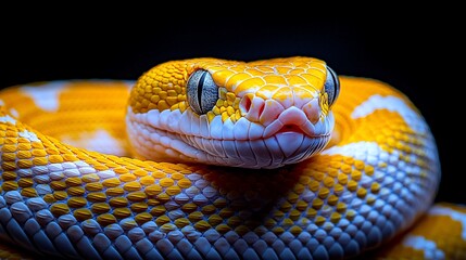 Fototapeta premium Close-up of a vibrant yellow and white snake coiled, against a black background.