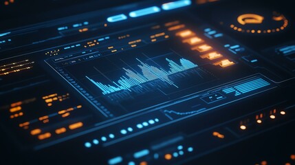 Business financial concept Futuristic digital interface with graphs and stats.