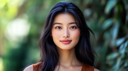 Naklejka premium Beautiful Asian Woman in Outdoor Portrait with Lush Green Background