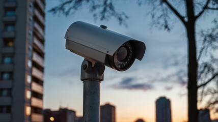 Surveillance Night Camera Overlooking City Street at Dusk. Urban Security Concept