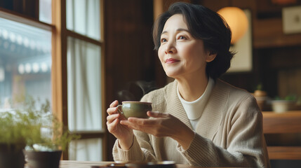 Elegant Korean Woman Enjoying Tea in a Traditional Hanok Café