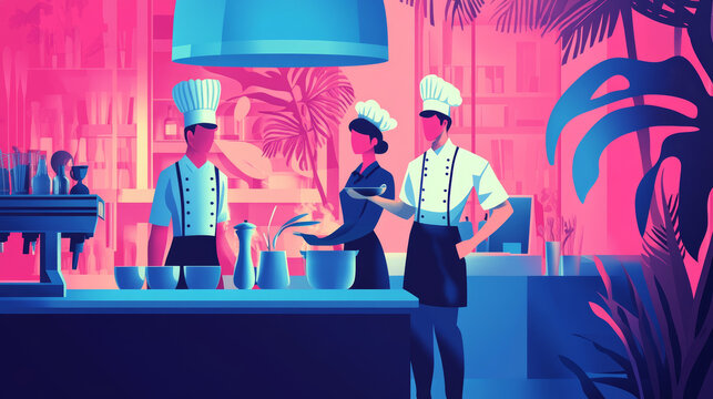Hospitality staff training and education, featuring hostel employees, chefs, maids, and bellboys. A concept illustration for hospitality courses and hotel industry training programs in pink, 