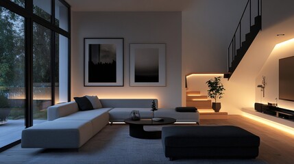 Modern Living Room Interior Design with Accent Lighting and Contemporary Art Pieces