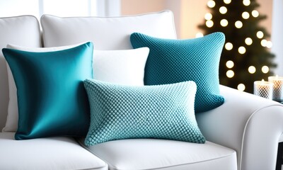 Cozy living room featuring teal pillows on a white couch, with a soft glow from Christmas lights in the background