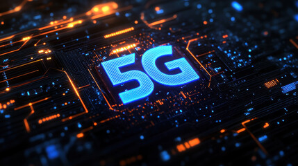 Futuristic 5G Logo against Dark Background, Circuit Elements Reflecting Tech Progress