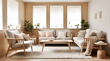 Fototapeta premium A warm and inviting Scandinavian-style living room featuring a combination of wooden textures, pastel colors, minimalist furniture, and soft, diffused lighting