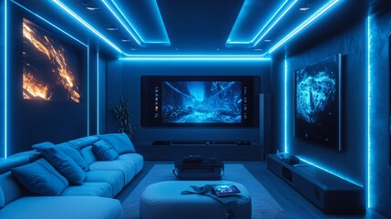 Modern Media Room with Large Displays Glowing with Fiery and Ethereal Content Relaxation Zone