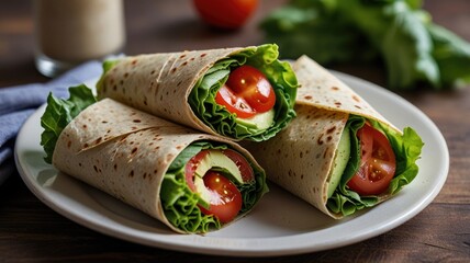Healthy Vegetable Wraps Served on a Plate. Packed with Leafy Greens and Tomatoes