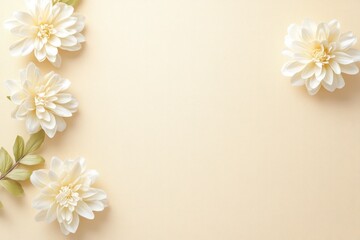 Naklejka premium Delicate white dahlia flowers are arranged against a beige background