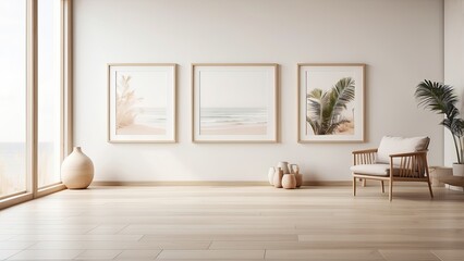 Three blank white frames with light wooden borders leaning against a white wall on a wooden parquet floor.