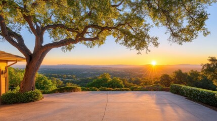 Fototapeta premium A tranquil sunset view from a patio, framed by a large tree, showcasing lush greenery and a distant landscape.