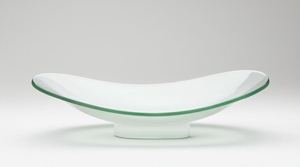 A white bowl with a green rim sits on a white surface.