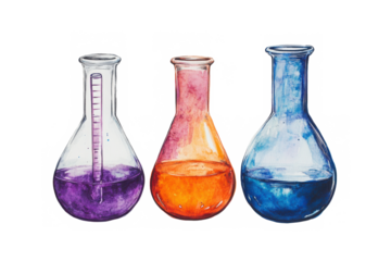 Three watercolor beakers with colored liquids for science experiments and laboratory research work