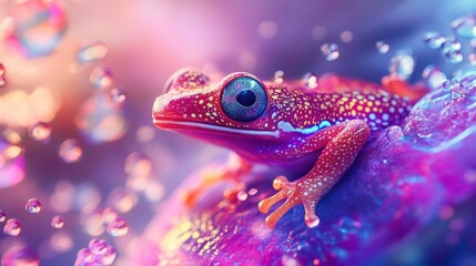 Colorful Frog in Rain Droplets