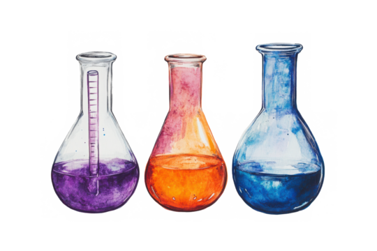 Three watercolor beakers with colored liquids for science experiments and laboratory research work