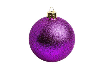 A close up of a single purple christmas ornament with glitter on a black isolated background