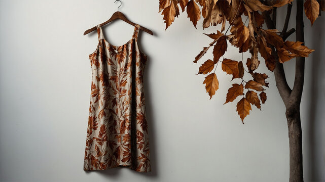 Floral Dress Hanging on Wooden Hanger Against Neutral Aesthetic Dry Leaf Ecoprint Motif