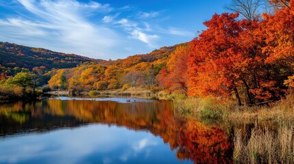 Autumn river landscape with vibrant foliage reflected in tranquil water