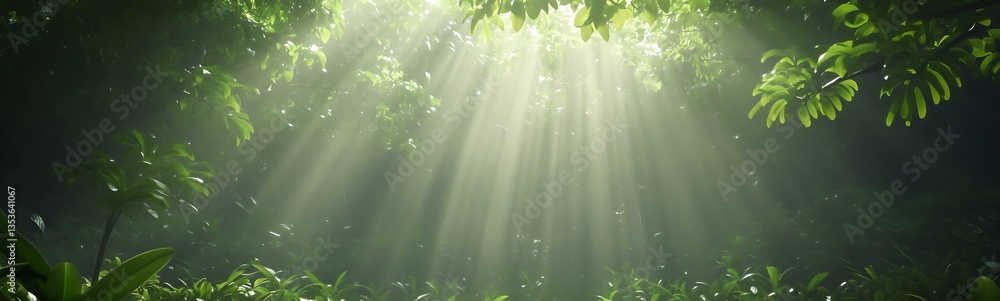 Fototapete Sunlight filters through lush foliage, creating an enchanting forest atmosphere.