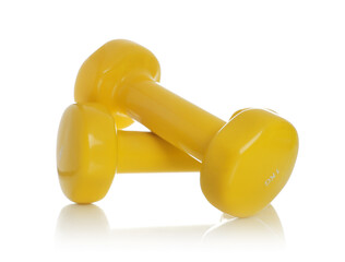 Yellow dumbbells isolated on white. Sports equipment