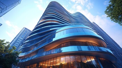 Modern wavy glass building with unique architectural design under clear sky. Surrounded by other buildings and trees, showcasing contemporary urban architectural aesthetics and vibrant city scene
