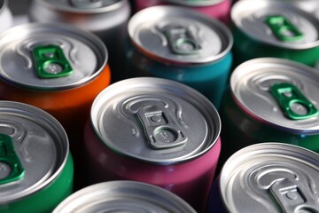 Many aluminium cans of beverage as background, closeup