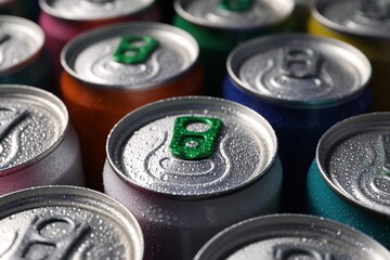 Many aluminium cans of beverage as background, closeup