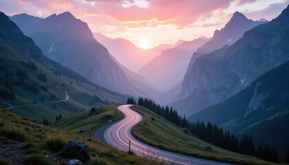Fototapeta premium Mystical Mountain Pass Design a breathtaking image of a mountain pass road at sunrise, shrouded in mist