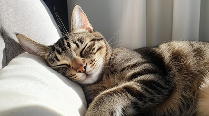 Relaxed Cat Sleeping in Sunlight on a Modern Couch