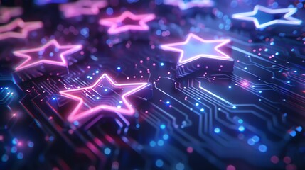 Fototapeta premium Stars Glowing on Futuristic Circuit Board with Neon Lights Design