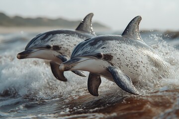 Fototapeta premium Dolphins Leap, Ocean Waves Crash, Wildlife Beauty