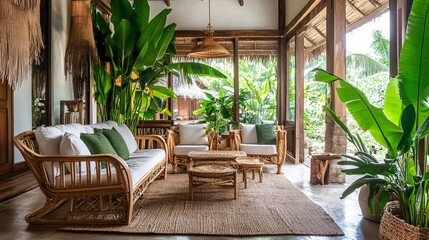 Fototapeta premium Tropical Oasis Indoor Retreat with Rattan Furniture and Lush Greenery Ambiance D?cor