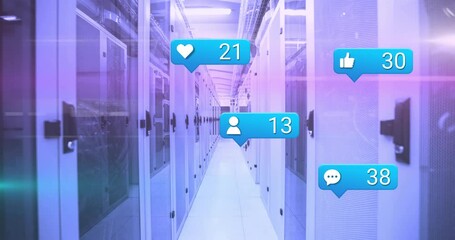 Social media notifications animation over futuristic server room with glowing lights - Powered by Adobe