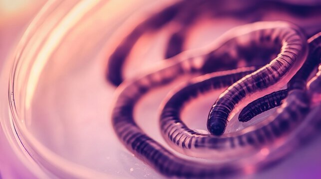 Microscopic view of parasitic worms in a petri dish, surrounded by lab equipment, symbolizing medical research and health concerns in scientific studies.

