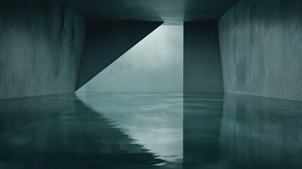 Dark, mysterious room with a large triangular opening and a pool of water in the center.