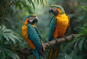 Fototapeta premium Two Colorful Parrots Perched on a Tree Branch in the Jungle