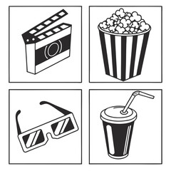Cinema icons set, Film, movie, video, tv, cinema hall. Vector illustrations.