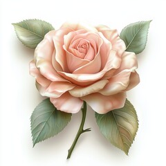 Beautiful pink rose with lush green leaves on a white isolated background.