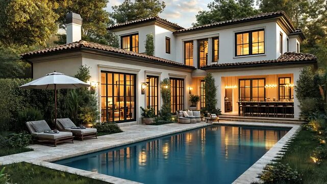 Modern Mediterranean-style home with pool at dusk, ideal for showcasing luxury exterior design