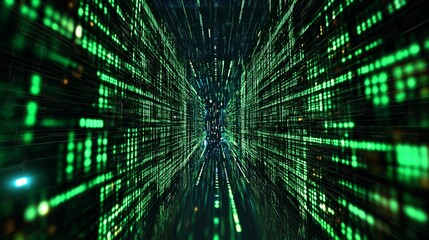 A digital matrix world with cascading neon-green code patterns