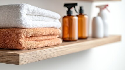 Neatly arranged cleaning supplies on shelves Concept, Neatly Folded Cleaning Cloths with Spray Bottles on Wooden Shelf for Home Organization and Cleaning Tasks