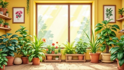 Fototapeta premium Sunny Indoor Garden Illustrate a cozy corner filled with lush indoor plants, sunlight streaming through a large window, and a vibrant yellow wall adorned with botanical prints.